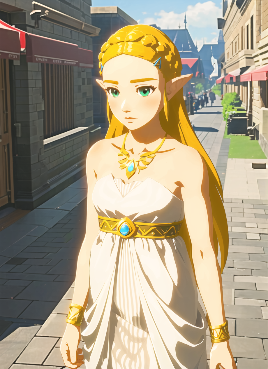 3978521556-471778443-botw style, princess zelda, 1girl, bangs, blonde hair, breasts, white dress, hair ornament, bare shoulders, green eyes, jewelry,.png